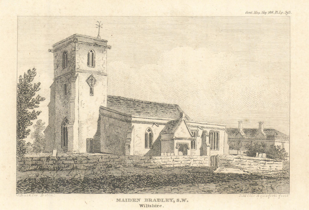 View of All Saints Church at Maiden Bradley, Wiltshire 1816 old antique print