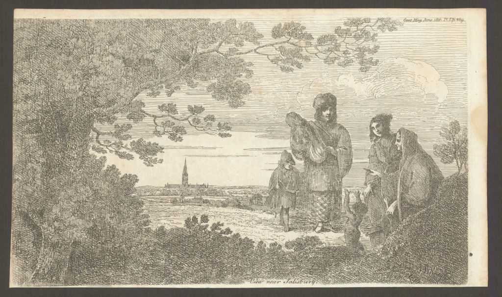 Distant View of Salisbury Cathedral, in Wiltshire, with a group of Gypsies 1816