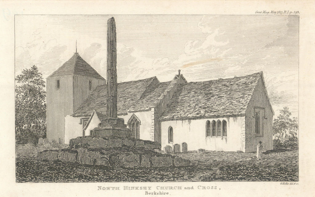 St. Lawrence's Church and the Cross at North Hinksey, Oxford 1817 old print