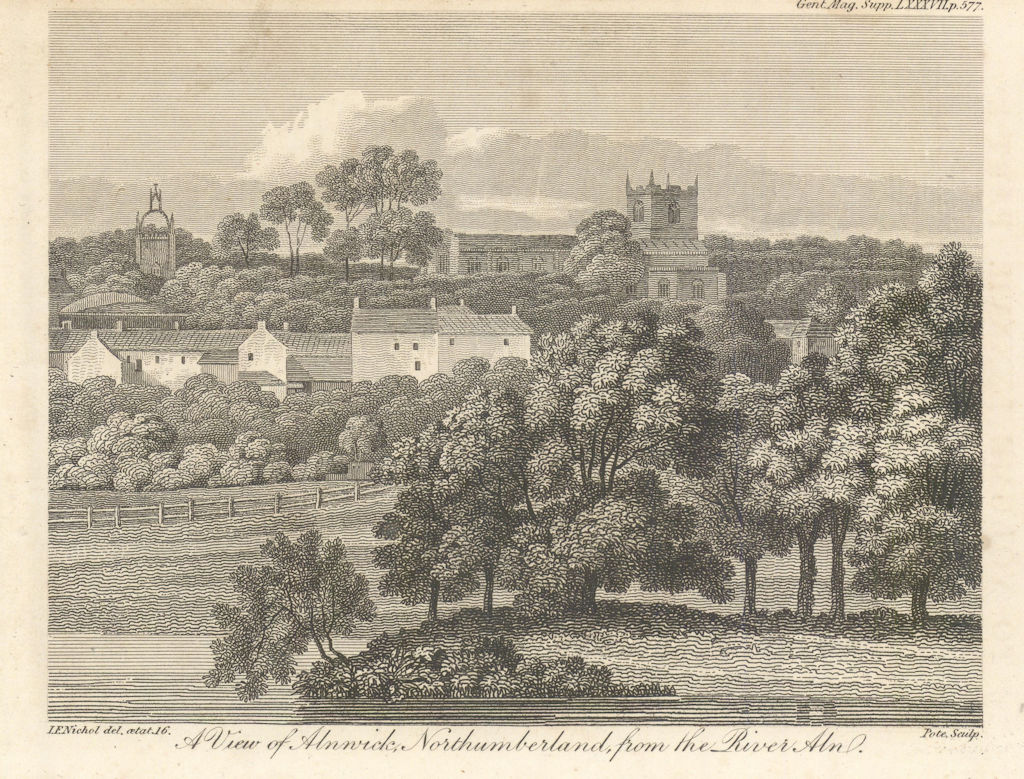 A View of Alnwick, in Northumberland from the river Aln 1817 old antique print