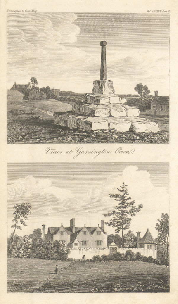 View at Garsington, Oxfordshire. Preaching cross 1817 old antique print