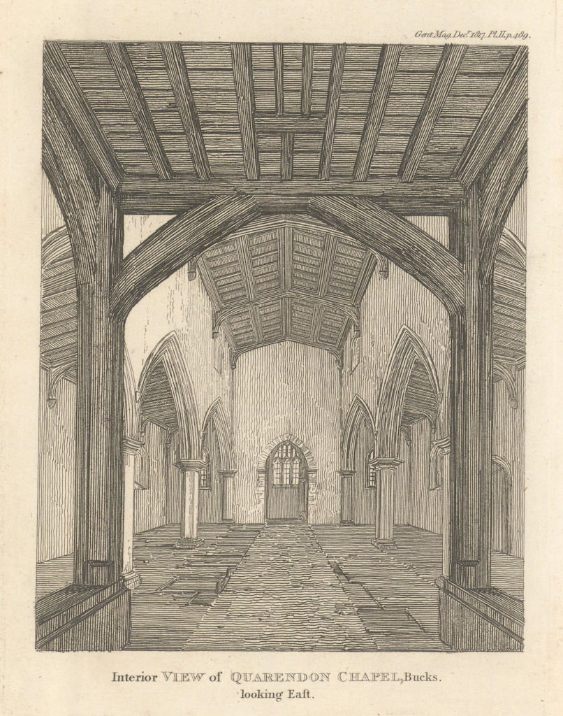 Interior view of the Chapel of Quarrendon, in Buckinghamshire 1817 old print
