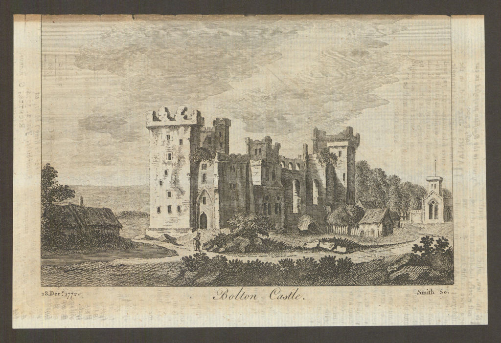 A view of Bolton Castle, Wensleydale, Yorkshire 1774 old antique print picture