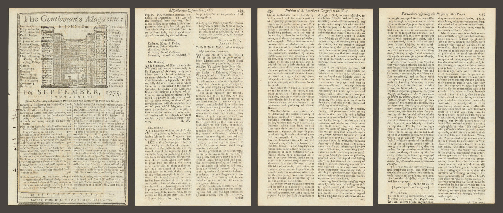 Olive Branch petition by Congress to George III. Printed in Gent's Mag Sept 1775