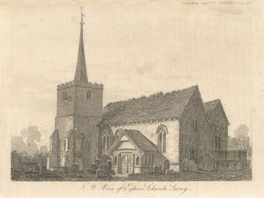 St John the Baptist Church, Egham, Surrey. Demolished 1817. Gent's Magazine 1818
