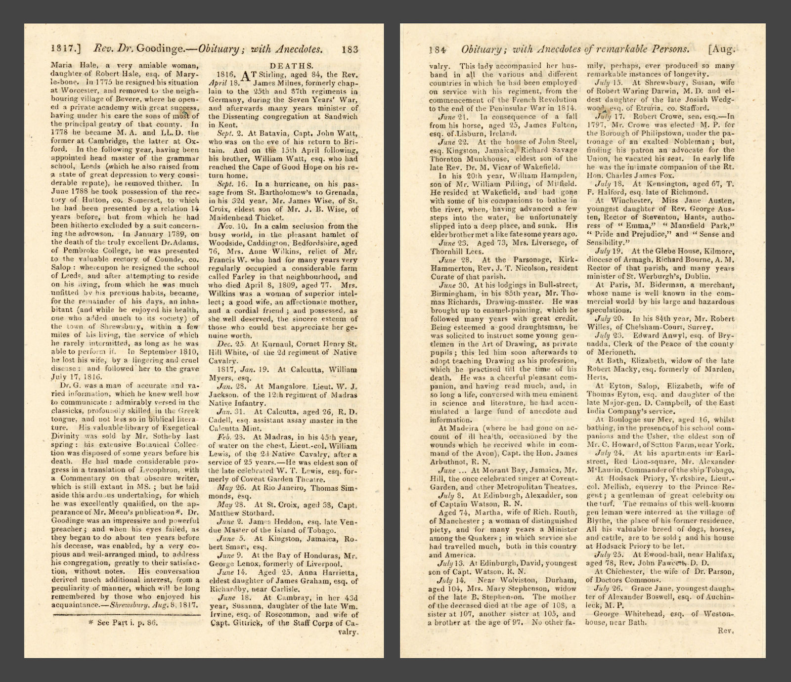Jane Austen obituary in Gent's Mag. At Winchester… authoress. July 18th 1817