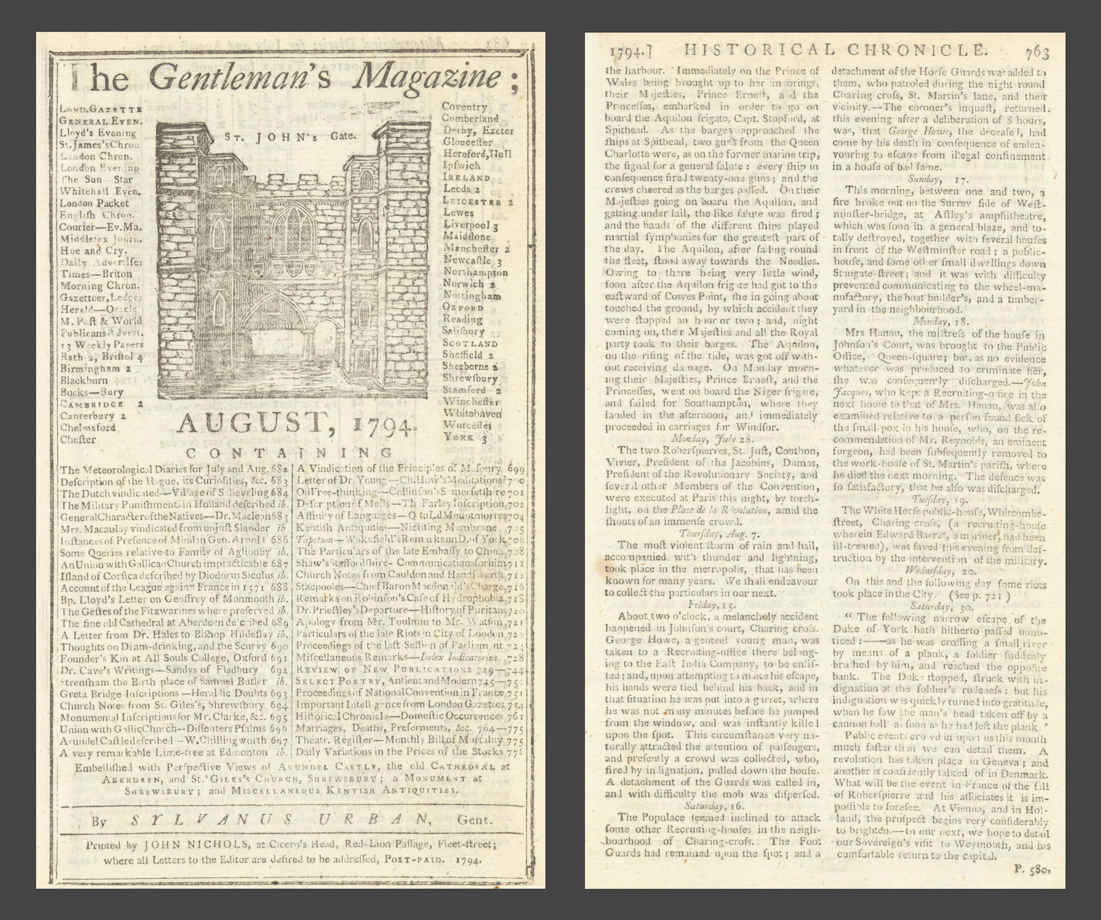 News report of Robespierre's death "executed at Paris this night" July 28th 1794