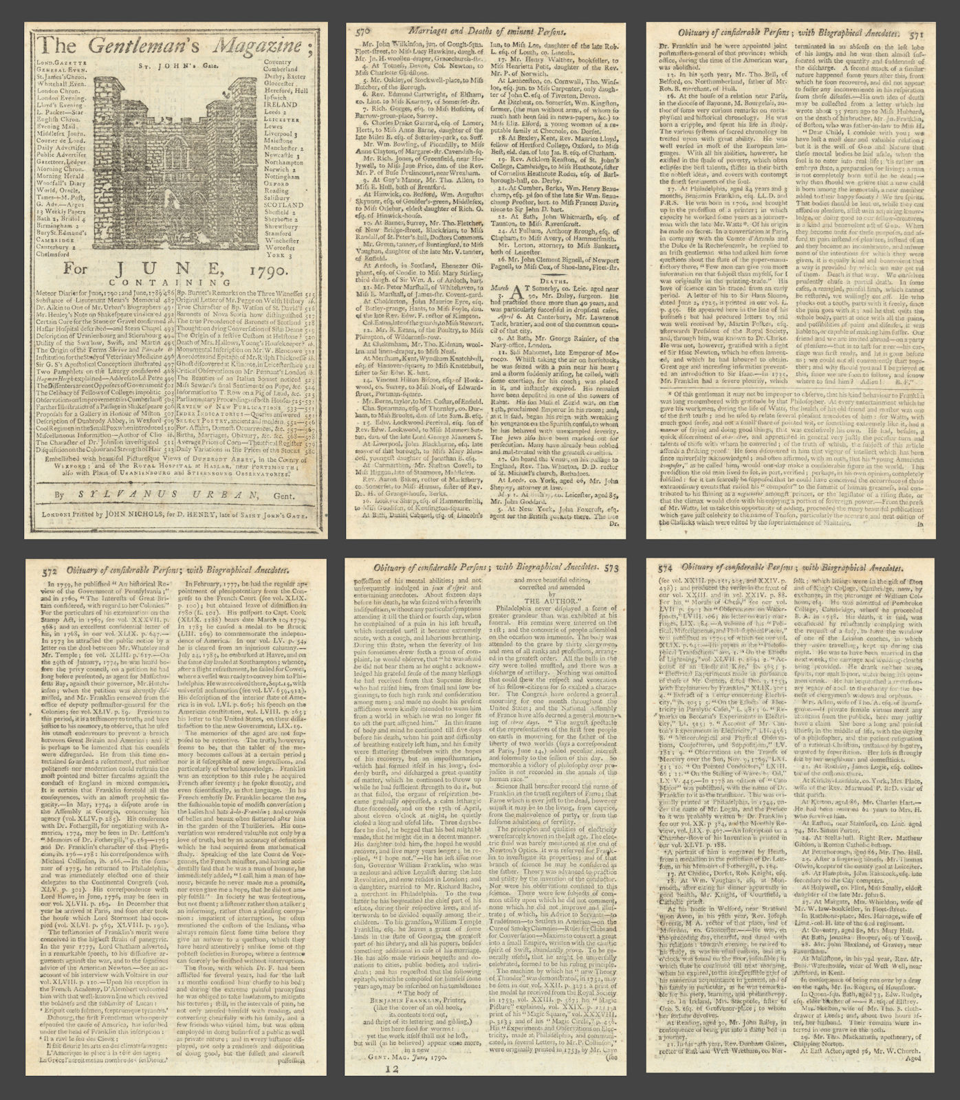 Benjamin Franklin obituary printed in the Gent's Magazine. 17th April 1790
