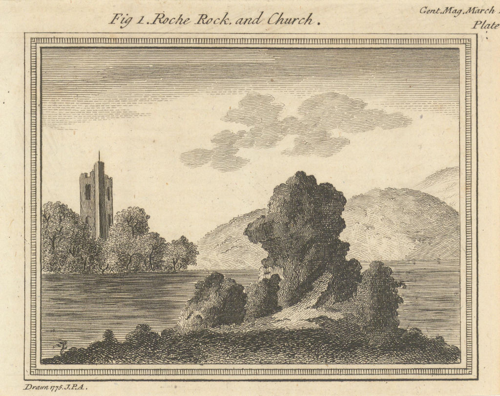 St Gomonda of the Rock church, Roche, Cornwall. Gent's Mag 1787 old print