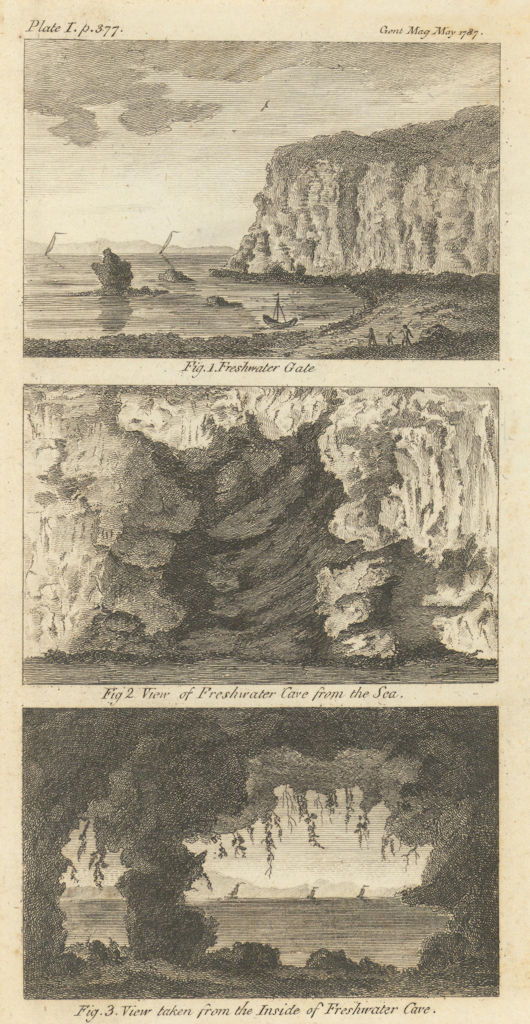 Three Views of the Cave at Freshwater, in the Isle of Wight. Gent's Mag 1787