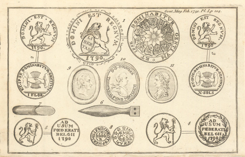 1790 Brabant Coins. Theatrical Fund seal with Garrick bust 1791 old print