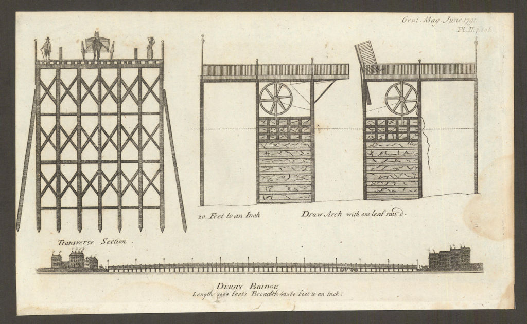 View and sections of the bridge at Londonderry, in Ireland 1791 old print