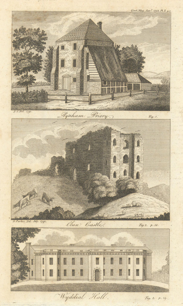 Pynham Priory, Sussex. Clun Castle, Salop. Wyddial Hall, Hertfordshire 1793