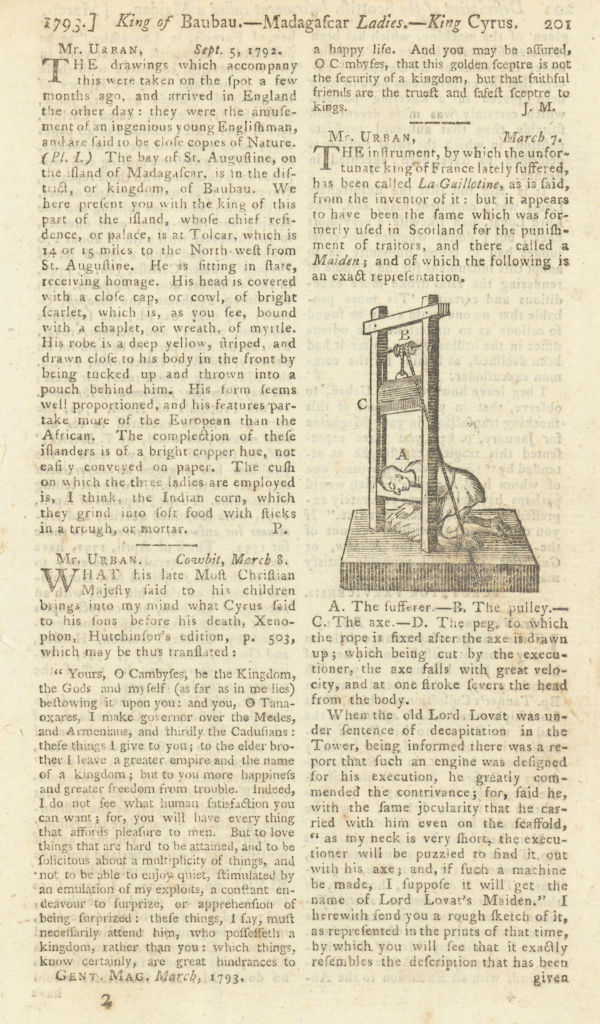 Guillotine, similar to Scottish Maiden. French Revolution. Gent's Mag 1793