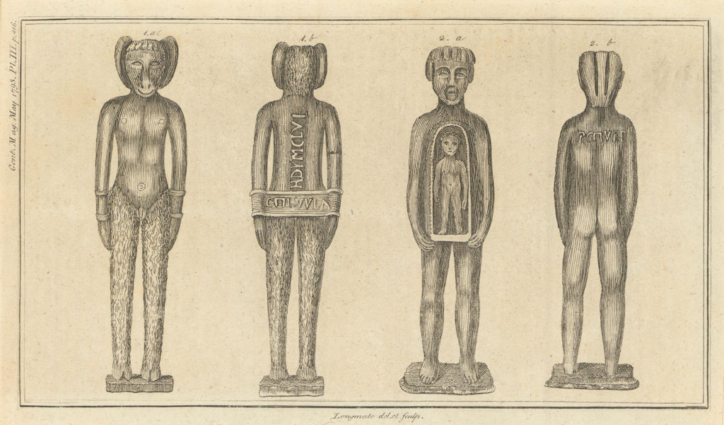 Penates, found in Bevis Marks, London. Roman household deities 1793 print