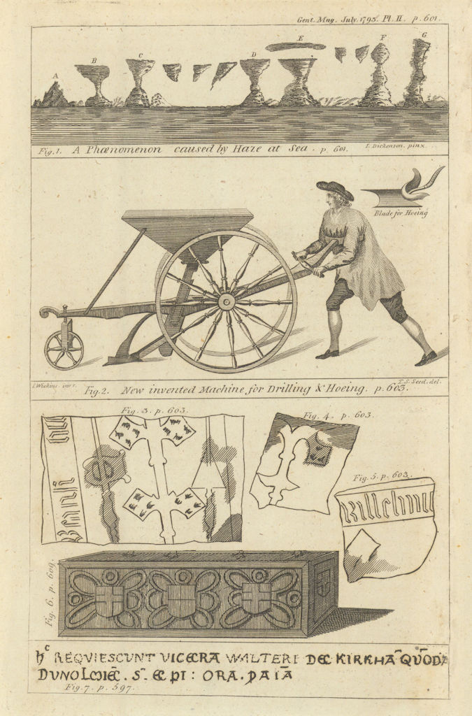 Phenomenon caused by haze at sea. Machine for drilling & hoeing. Gent's Mag 1793