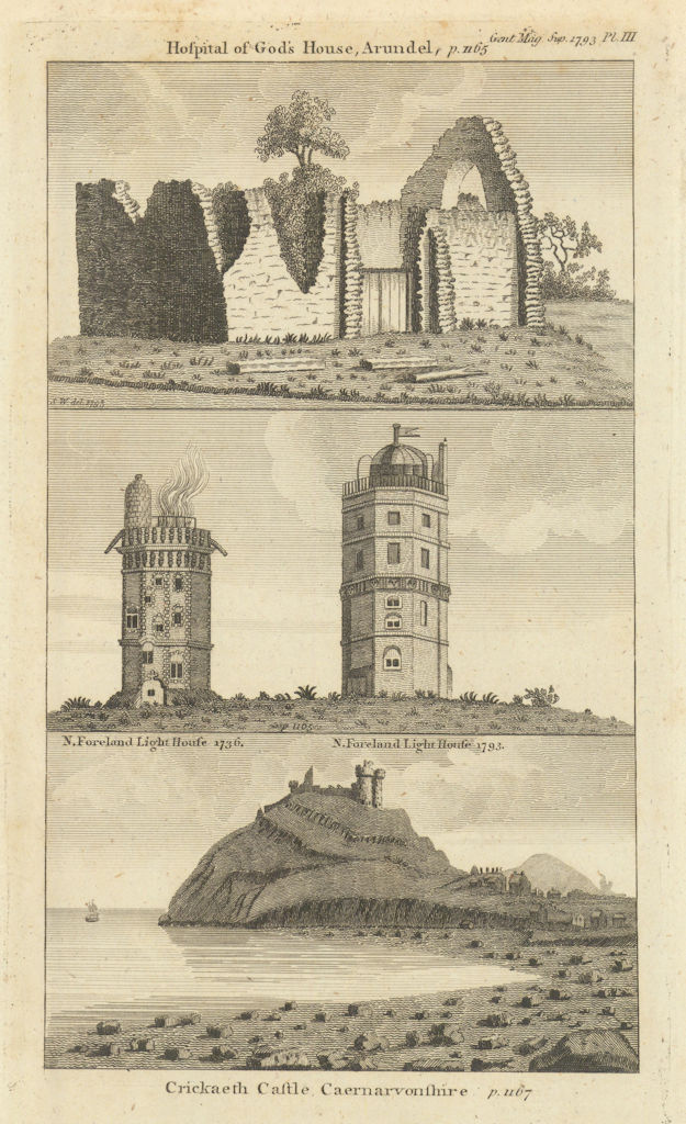 God's House hospital, Arundel. North Foreland lighthouse. Criccieth Castle 1793