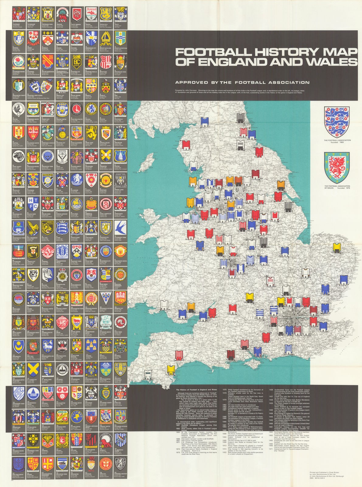 Football History Map of England & Wales. Football heritage map. 75x100cm 1971