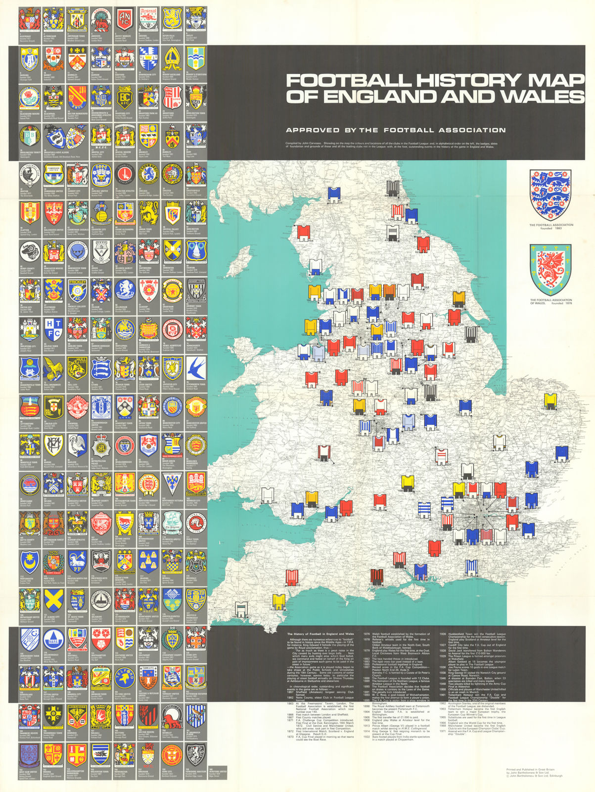 Football History Map of England & Wales. Football heritage map. 75x100cm 1972