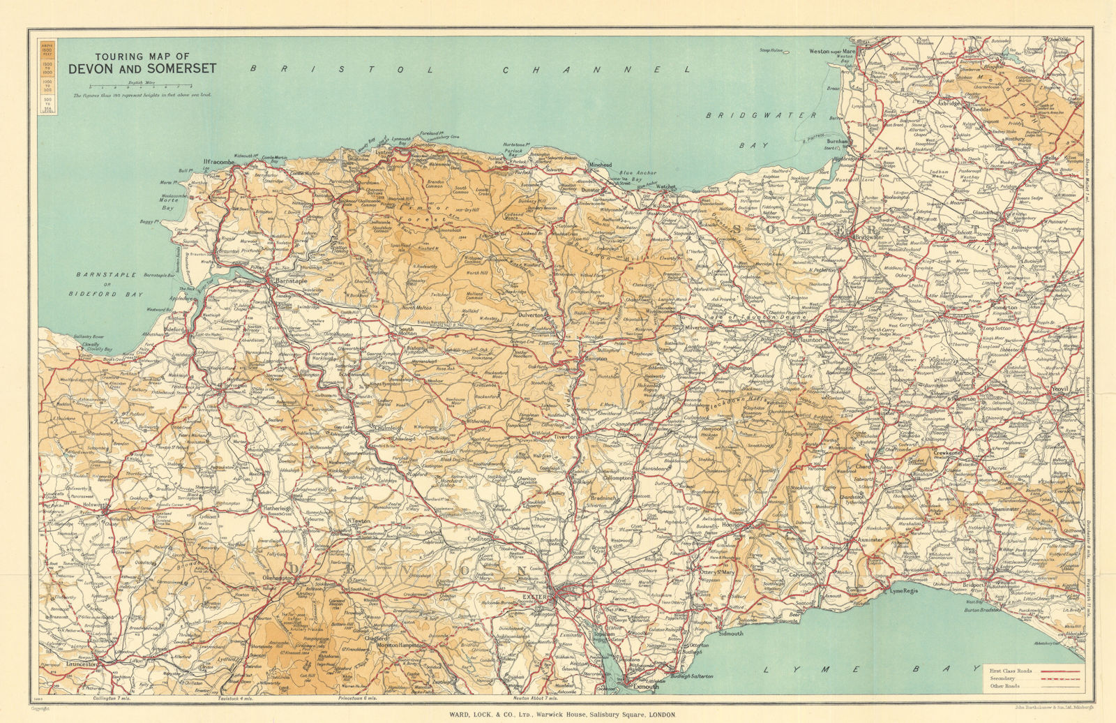 TOURING MAP OF DEVON & SOMERSET. South West England. WARD LOCK 1938 old