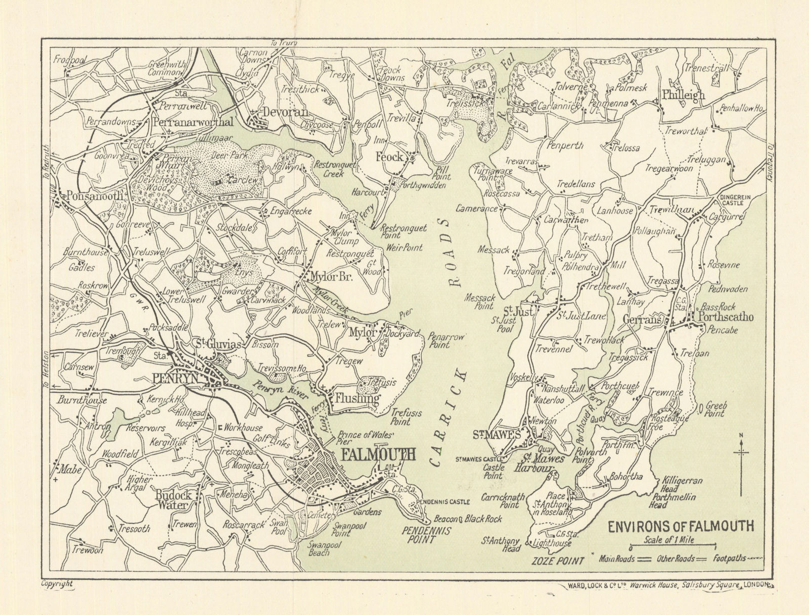 FALMOUTH environs. Carrick Roads Penryn St Mawes. Cornwall. WARD LOCK 1914 map