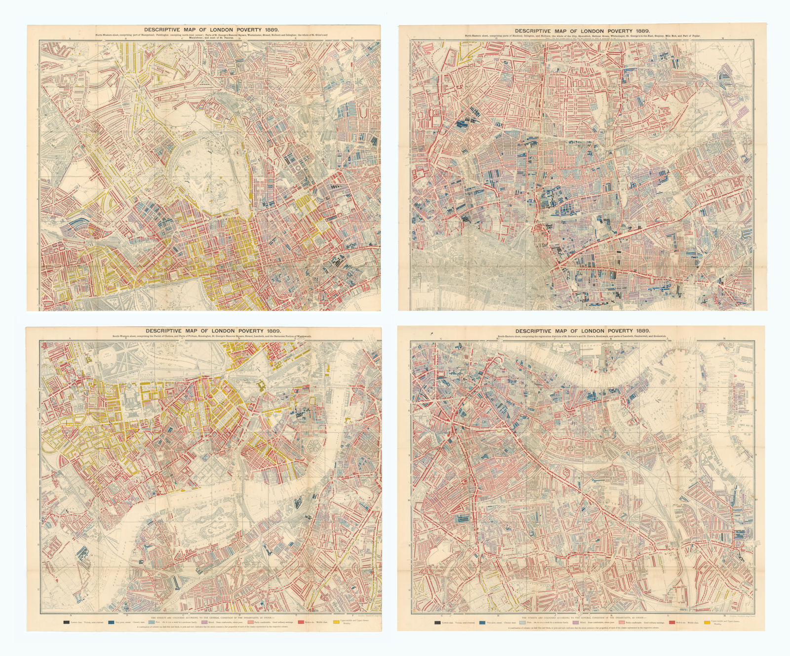 Descriptive map of London Poverty on 4 sheets each 62x57cm by Charles Booth 1889