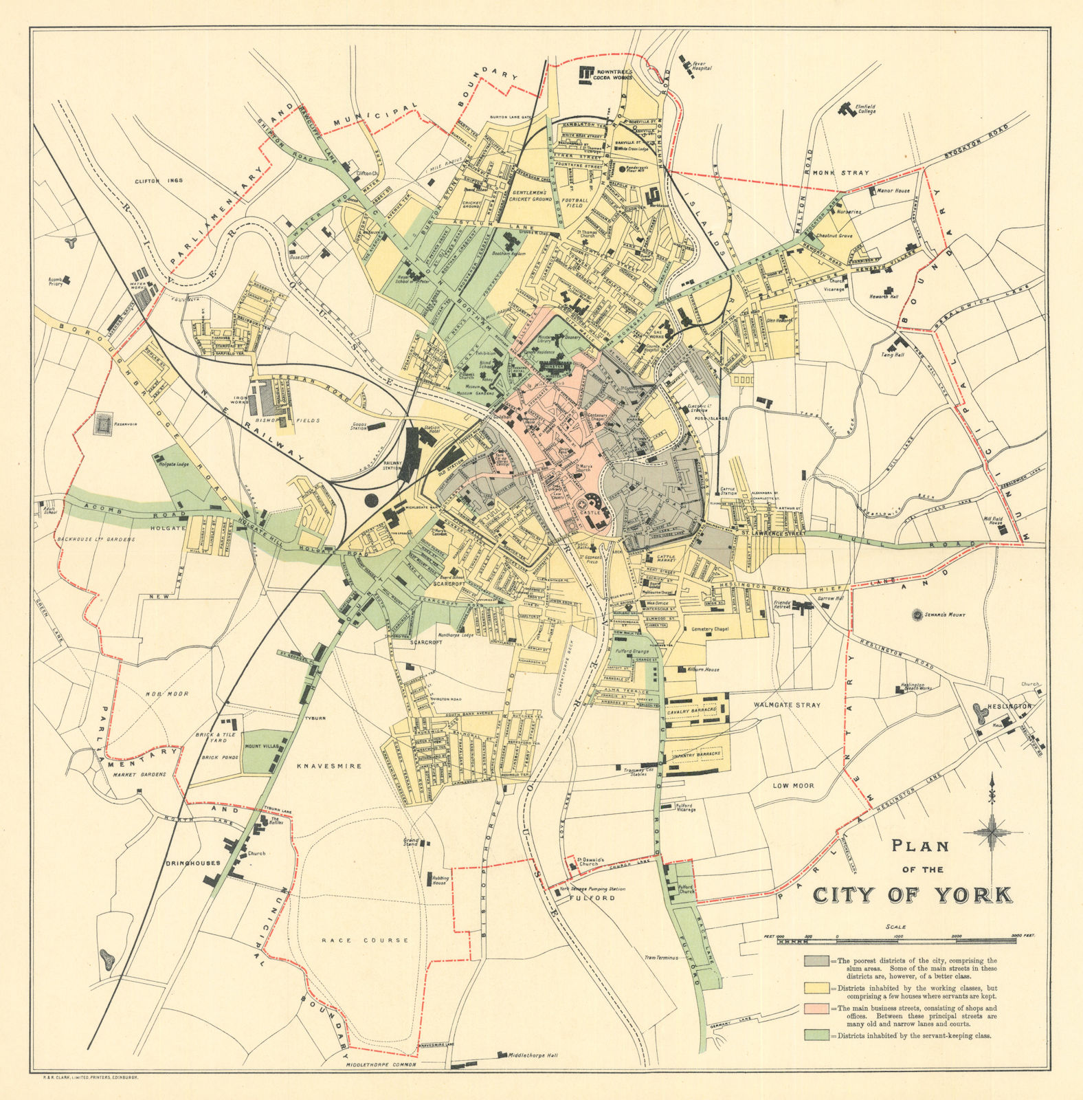 Plan of the City of York. Poverty map by Seebohm Rowntree 1901 old antique
