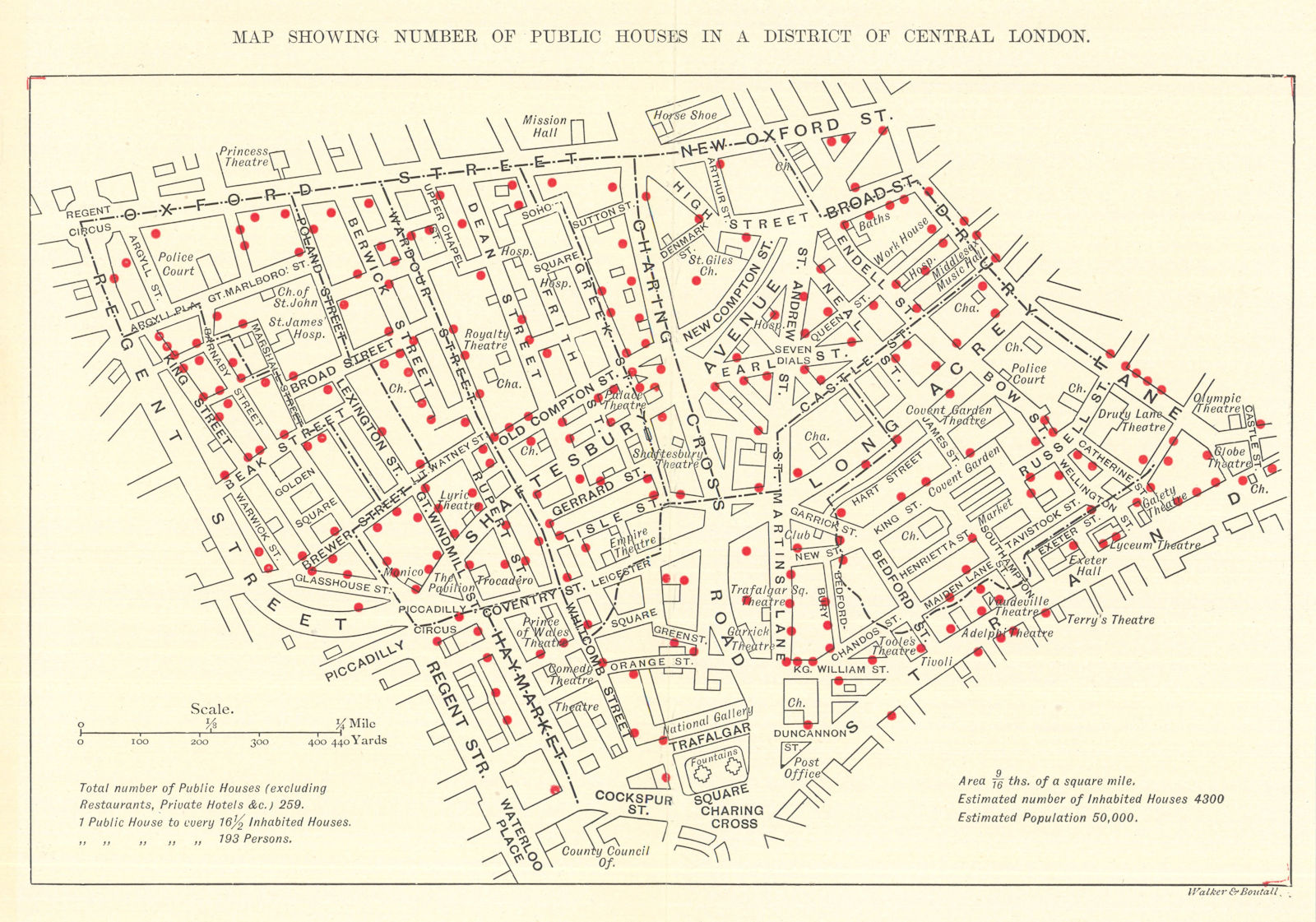 Central London Public Houses. Soho West End temperance/drink map. Rowntree 1899