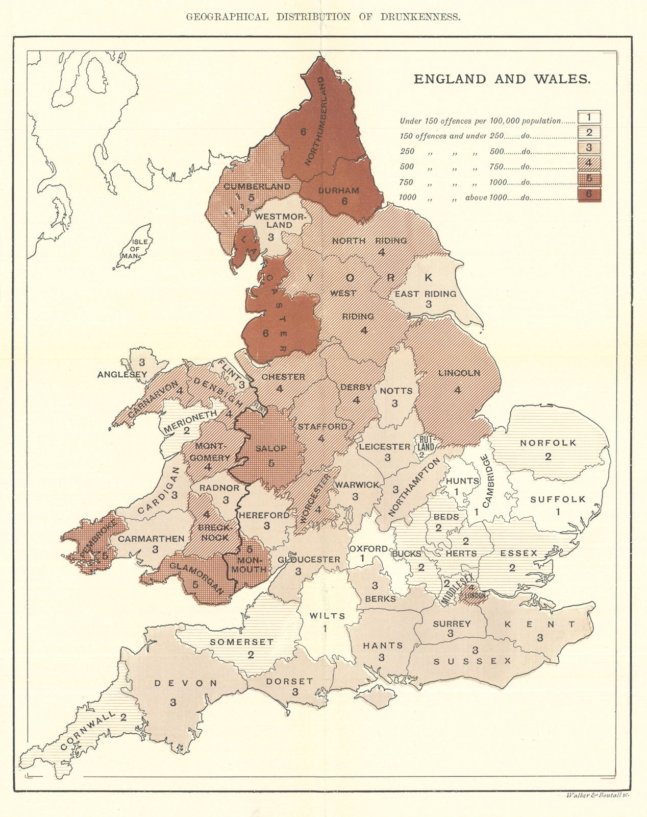 England & Wales - Geographical Distribution of Drunkenness. Rowntree 1899 map