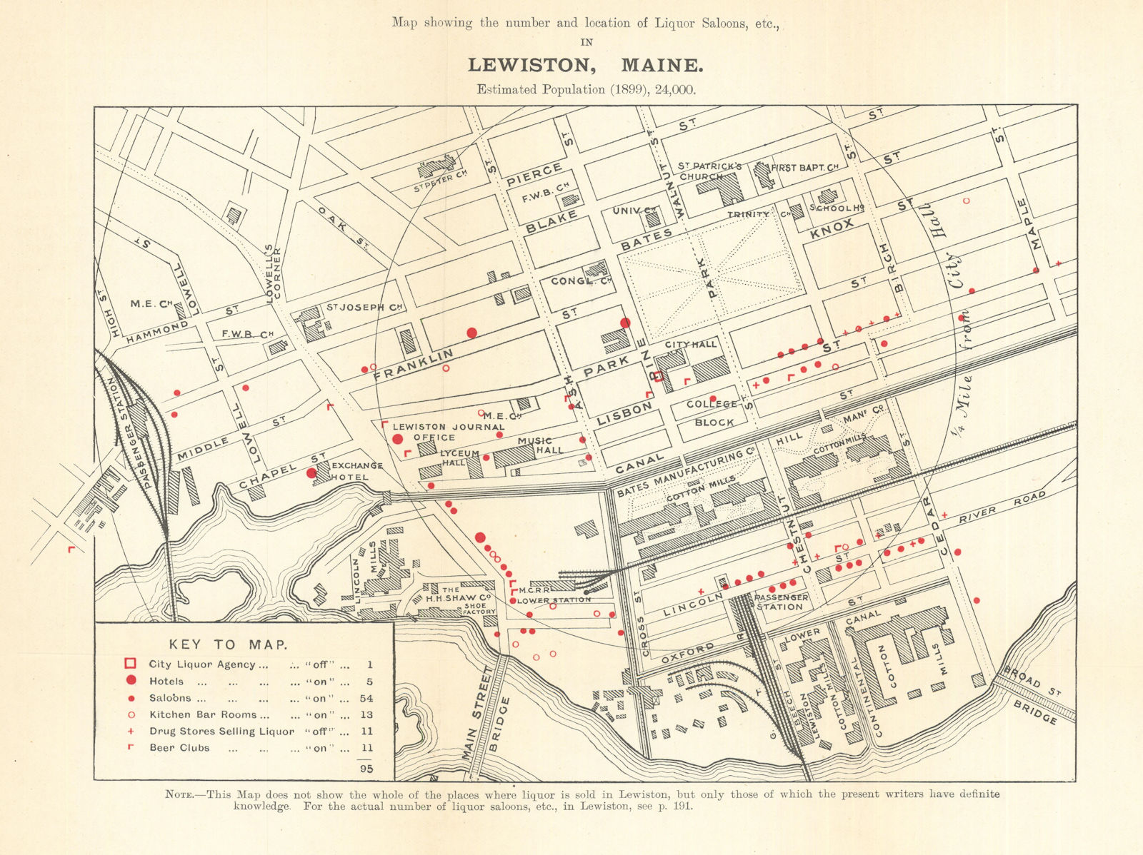 Lewiston, Maine liquor saloons. Temperance/Prohibition/drink map. Rowntree 1899