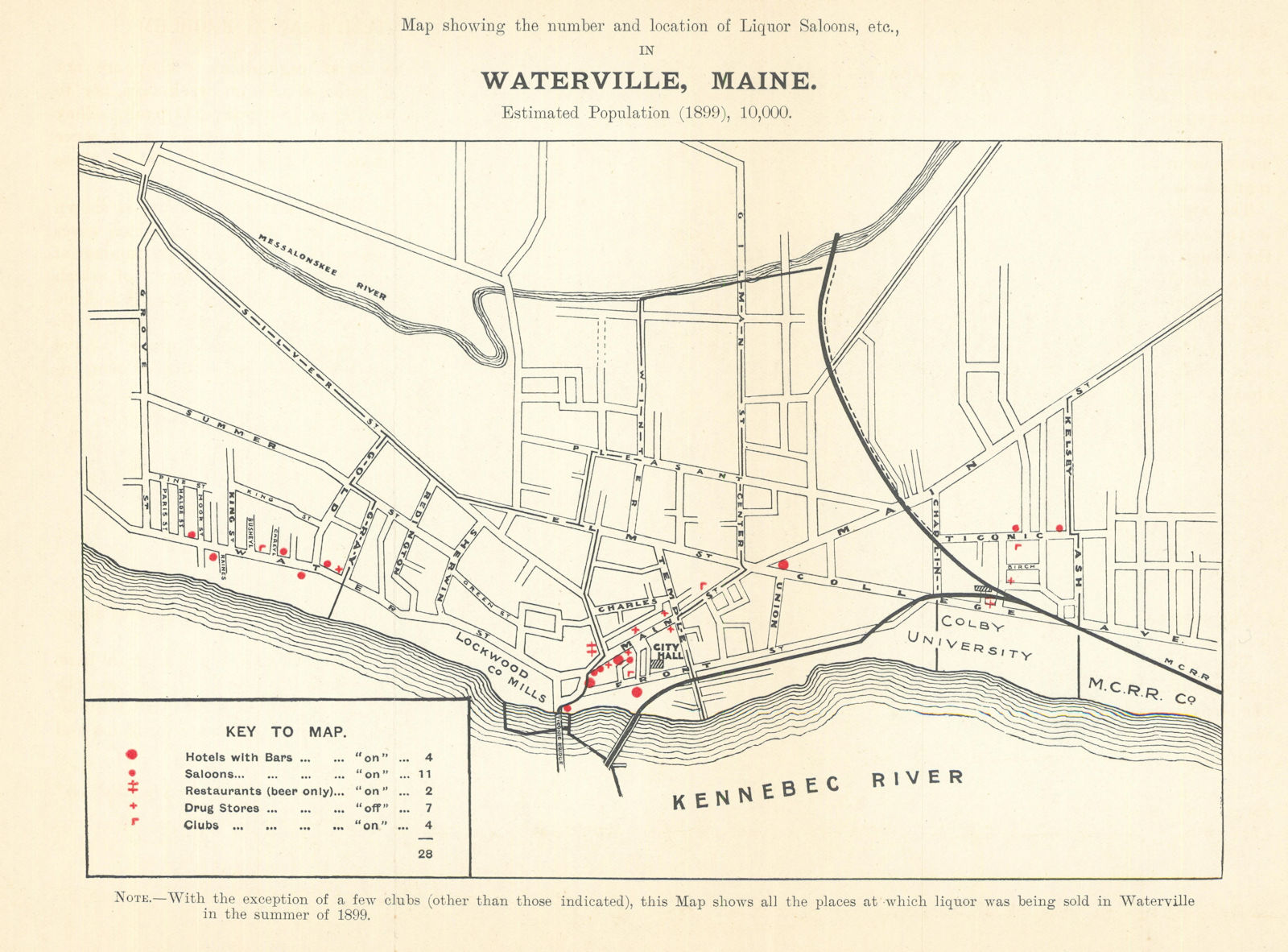 Waterville, Maine liquor saloons. Temperance/Prohibition/drink map ROWNTREE 1899