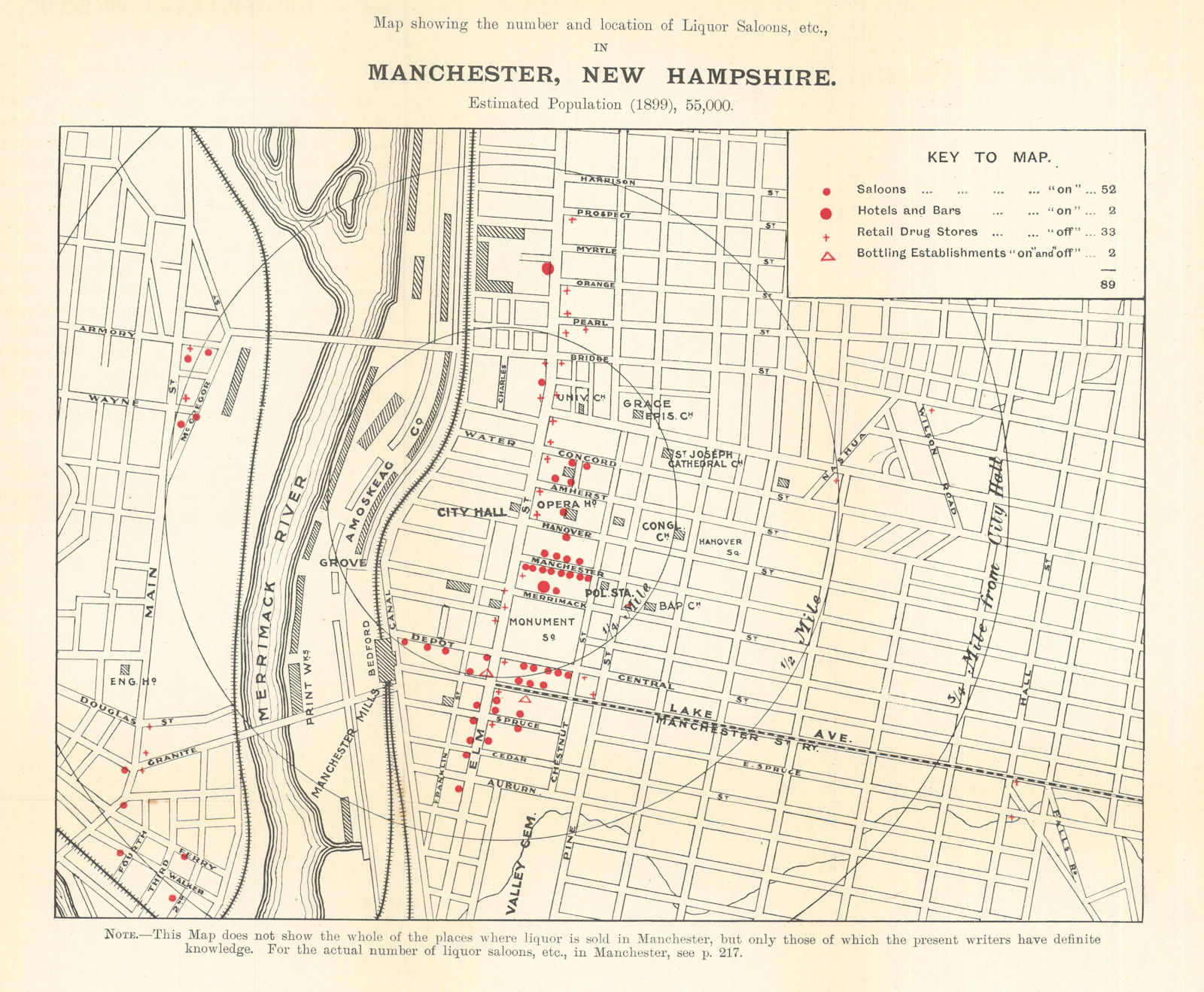 Manchester, New Hampshire liquor saloons. Temperance/Prohibition/drink map 1899