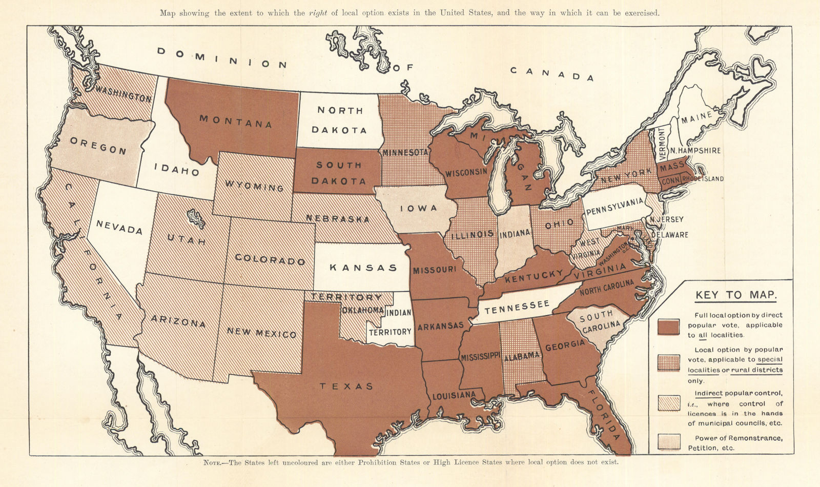 United States Prohibition/Temperance/drink map. States Local Option rights 1899
