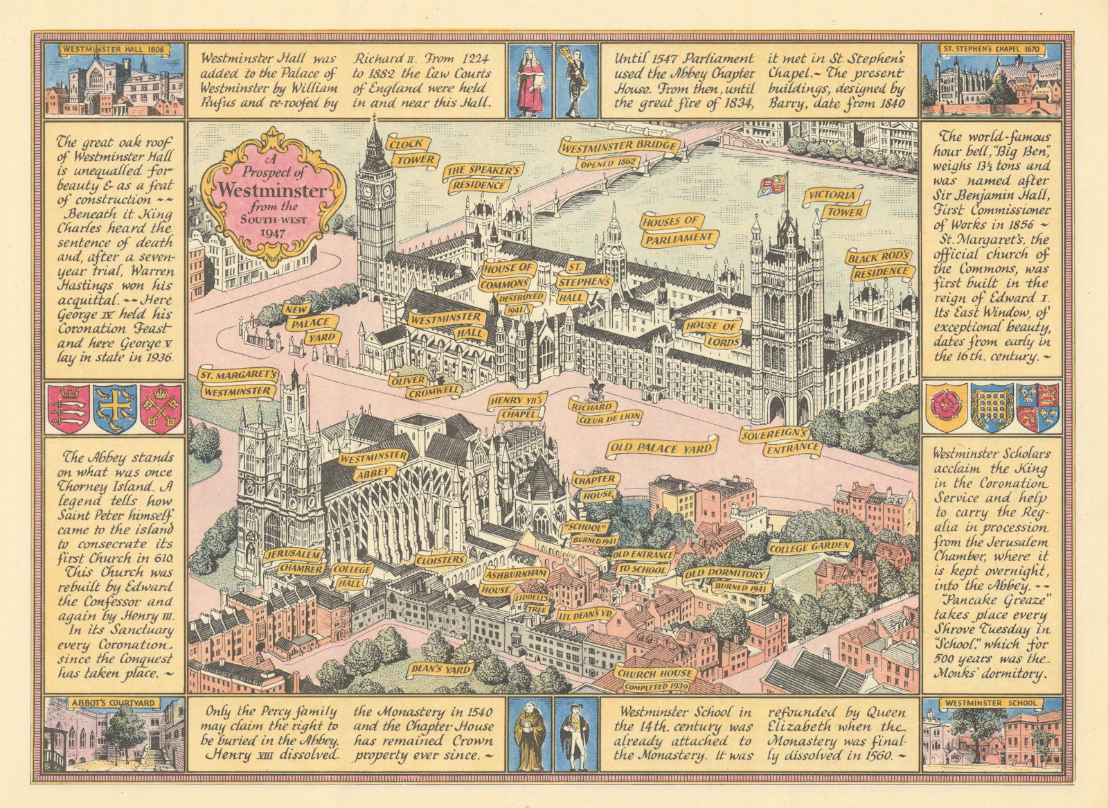 A Prospect of Westminster #4 JP Sayer's Survey of London 1947 old vintage map
