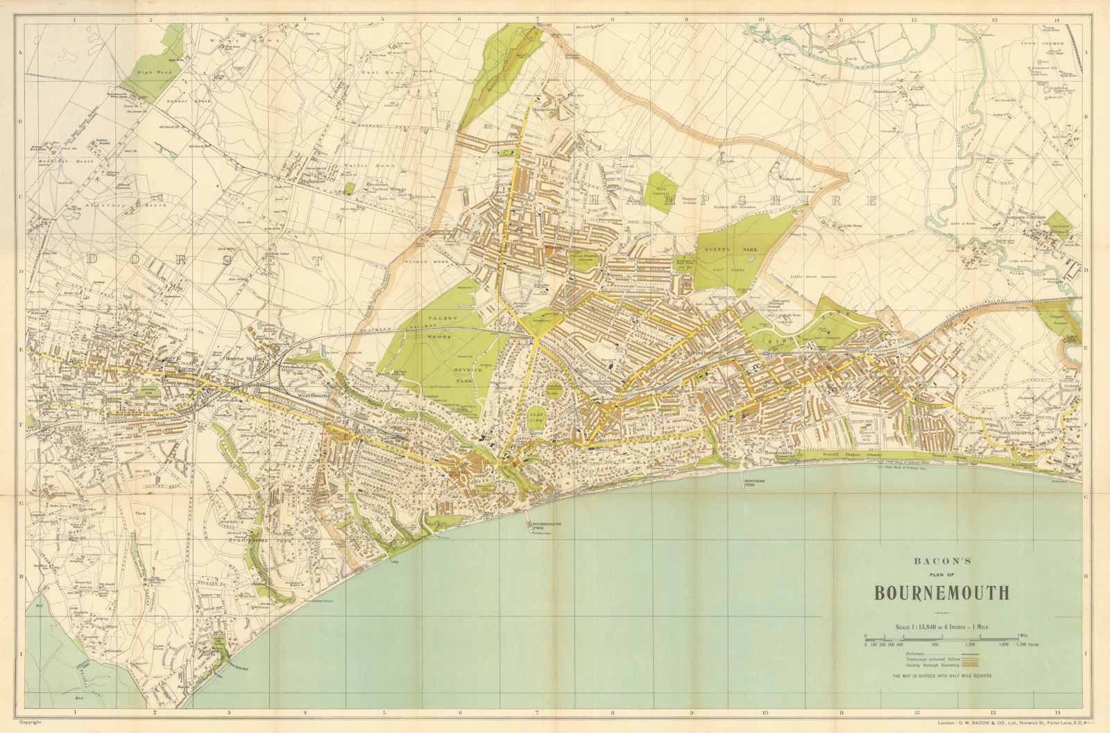 Bacon's Large Scale Plan of Bournemouth c1925 old vintage map chart