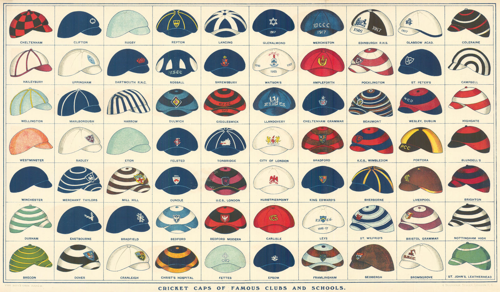 Cricket Caps of Famous Clubs & Schools. Boy's Own Paper/Wheeler-Holohan 1917