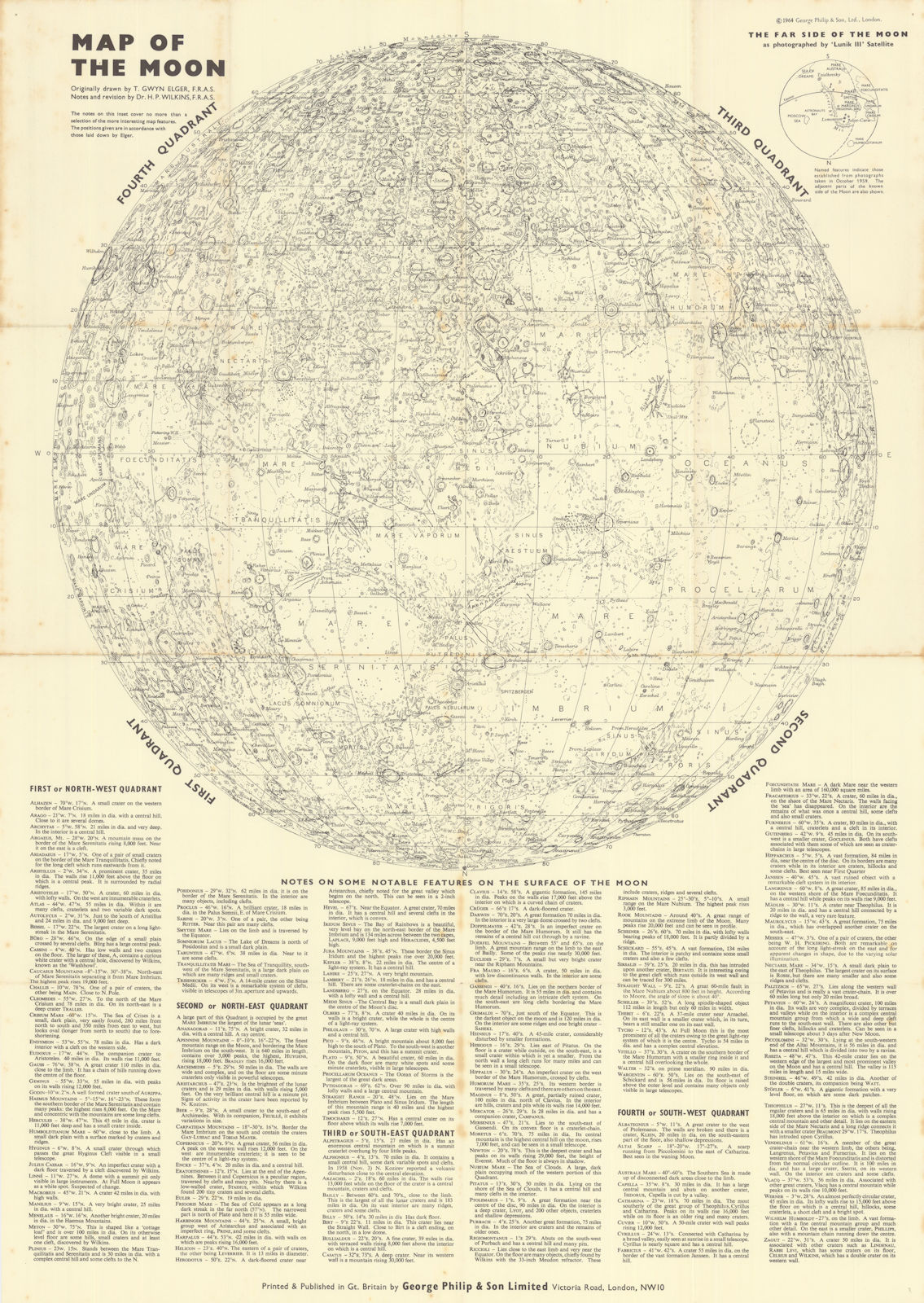 Elger's Map of the Moon showing 150 surface features & its far side 1964