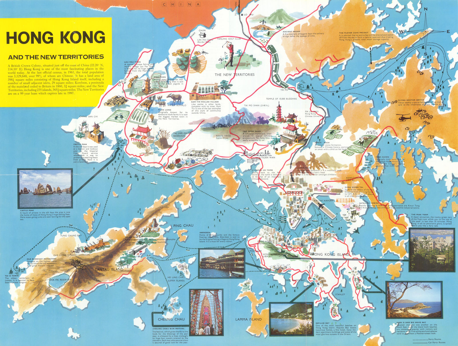 Hong Kong and the New Territories pictorial map. HK Tourist Association c1966