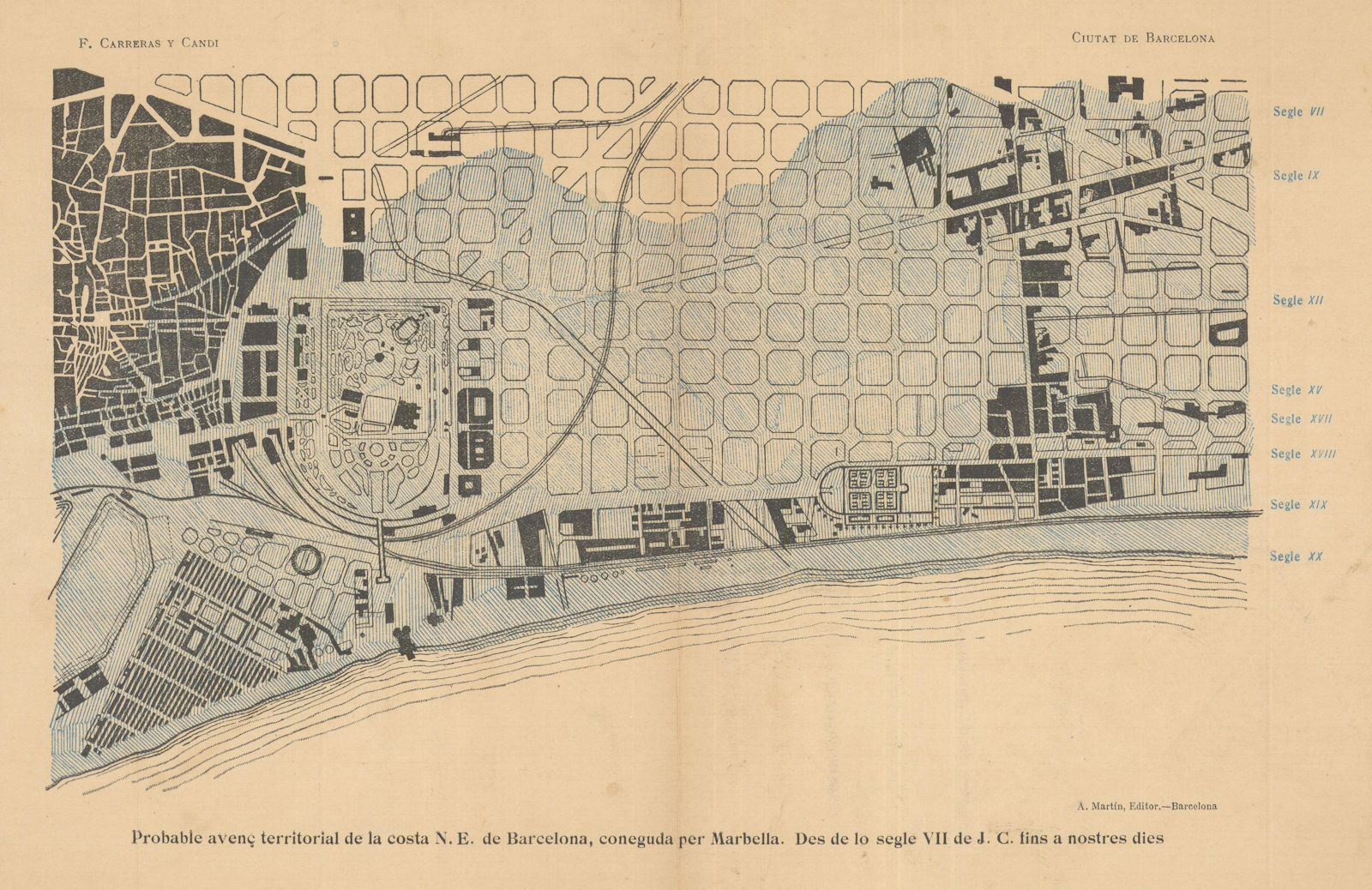 Probable advance of the Barcelona coast from 7C BC to now. Martin c1910 map