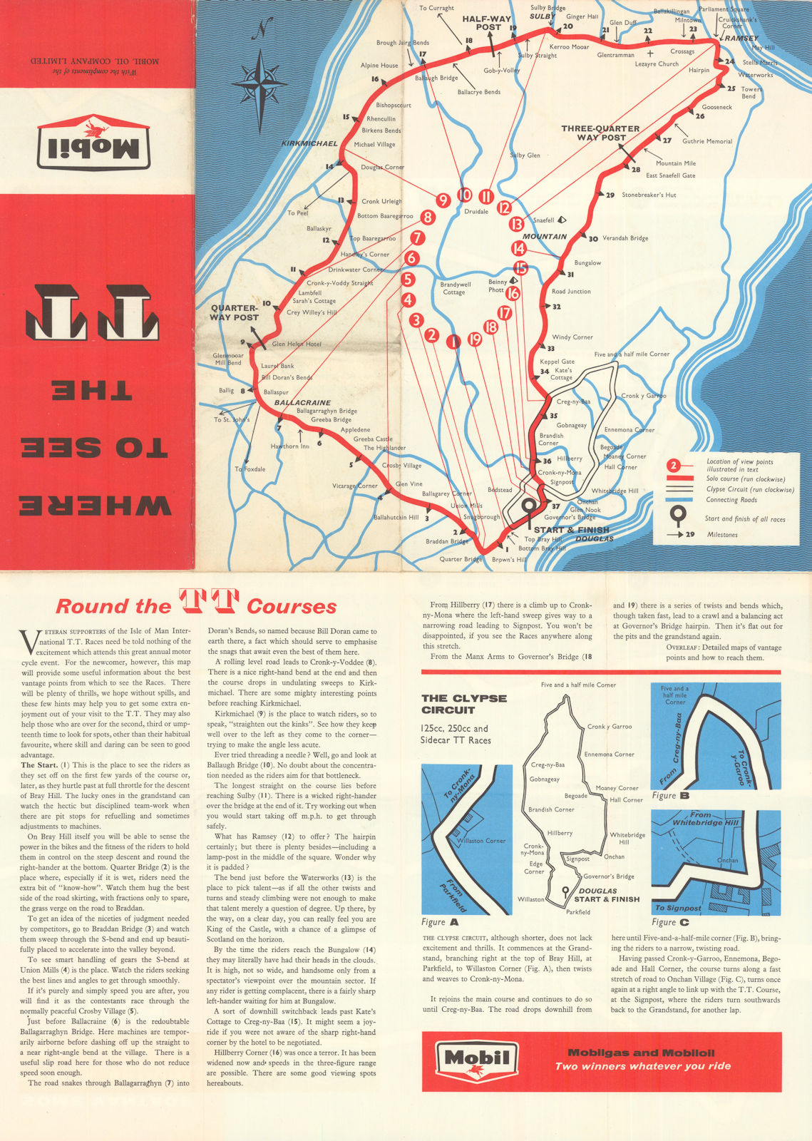 Isle of Man. Where to see the T.T. Course vantage points. Mobil 1959 old map