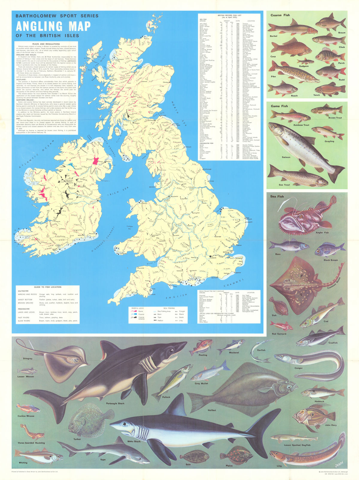 Angling Map of the British Isles. Coarse, Game & Sea Fish. Bartholomew 1972