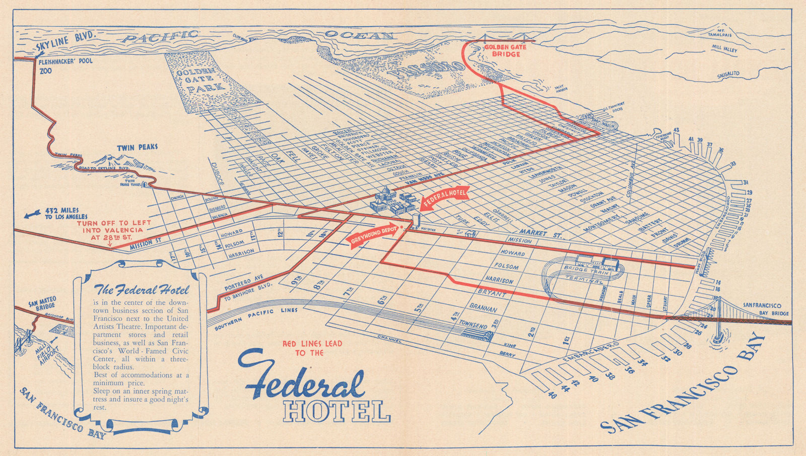 San Francisco Street Map. Federal Hotel. Bird's-eye view tourist map c1954