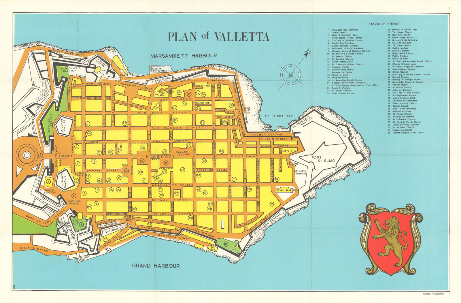 Colourful tourist city plan of Valletta, Malta c1960 old vintage map chart