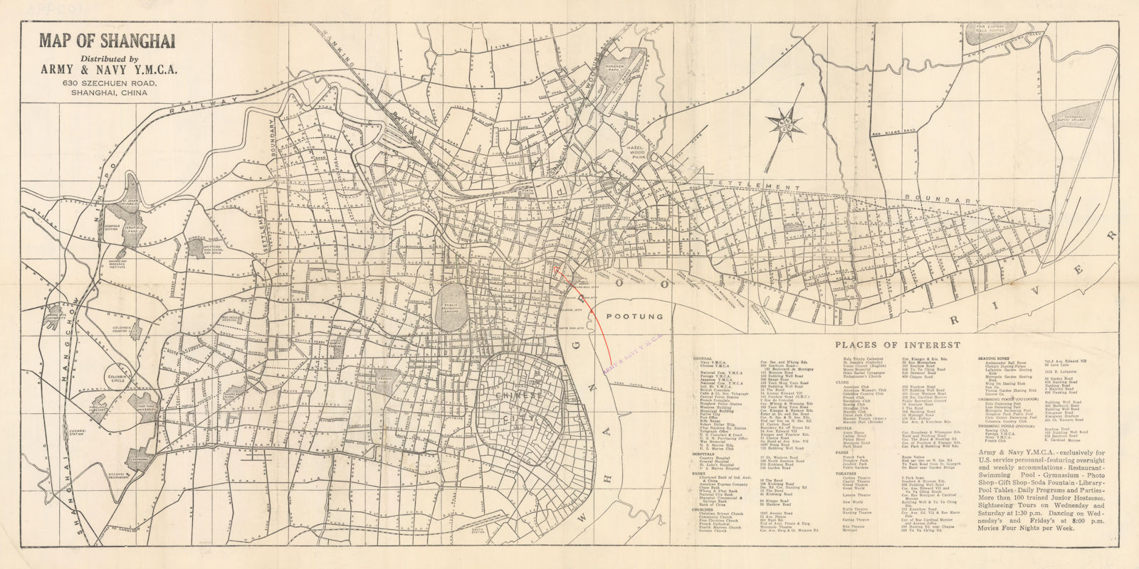 Map of Shanghai. Town/city plan by Army & Navy Y.M.C.A  c1920 old antique