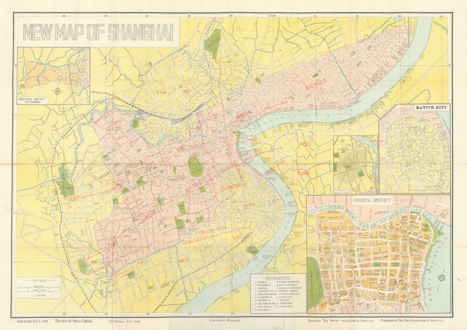 New Map of Shanghai. City plan by Ke Lang & hao Cheng. 1st edition July 1945