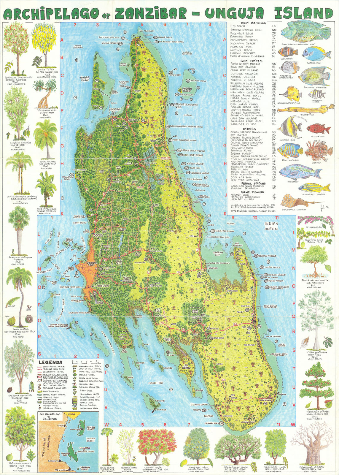 Zanzibar - Unguja Island & Stone Town botanical & tourist map. Tombazzi 1996