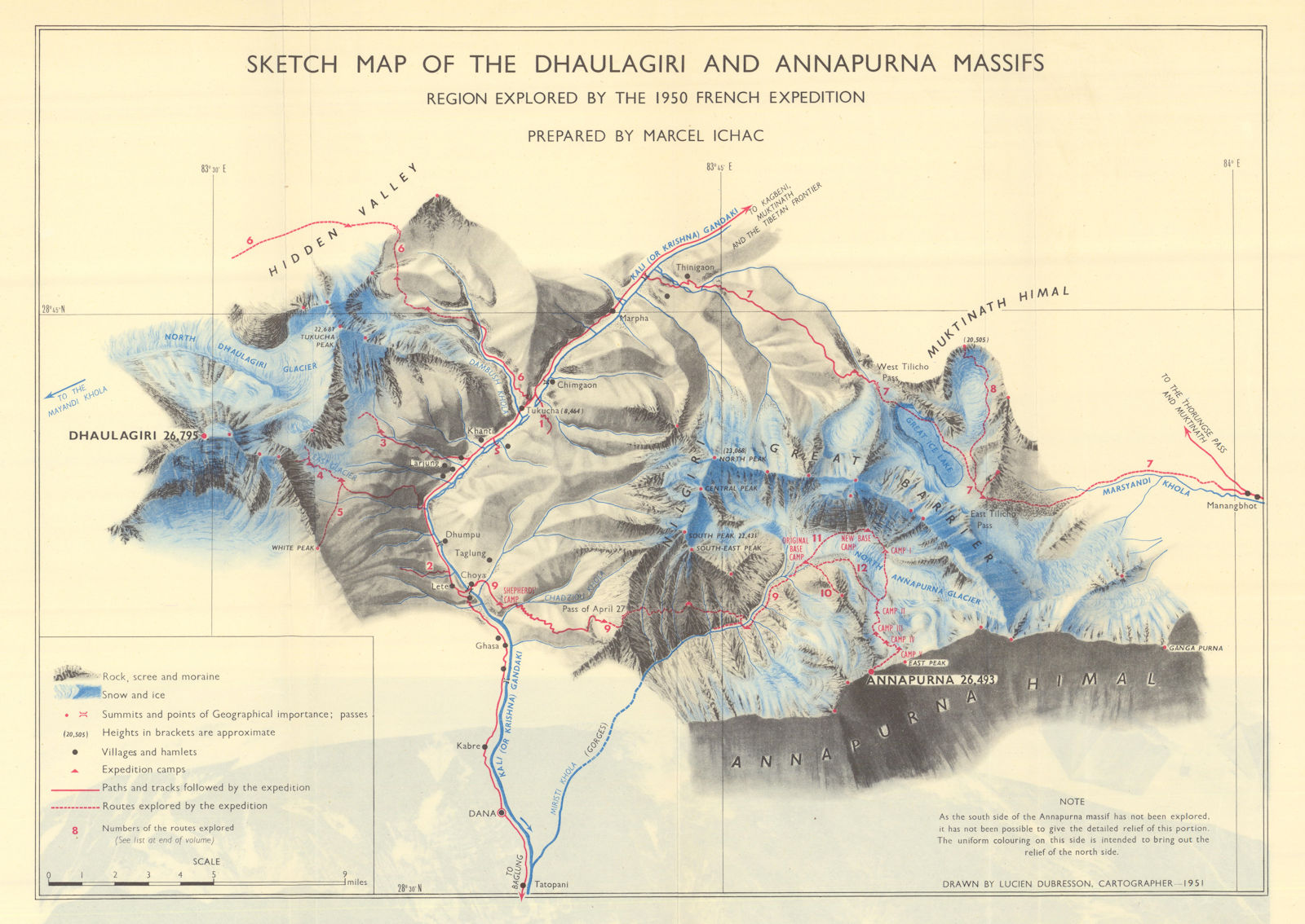 Annapurna 1950 French Expedition/Maurice Herzog route. 1st 8000m ascent 1951 map