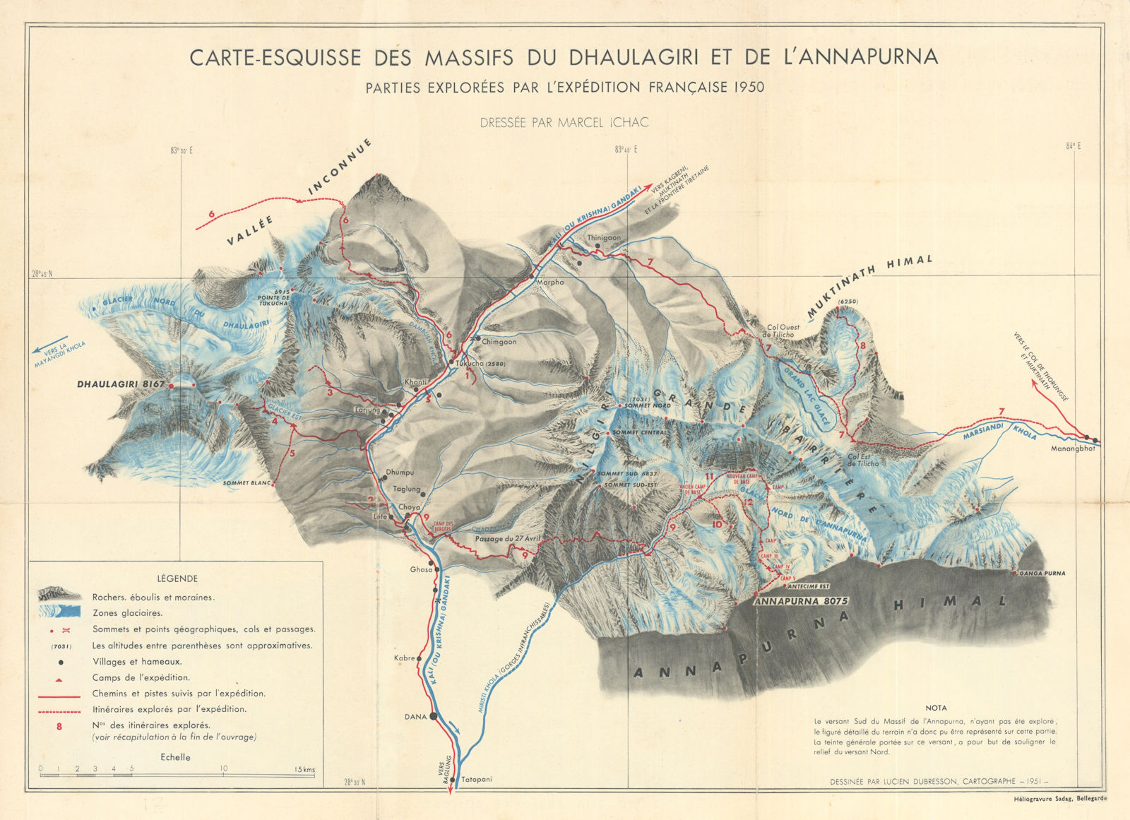 Annapurna 1950 Expedition Française / Herzog route. First 8000m ascent 1951 map