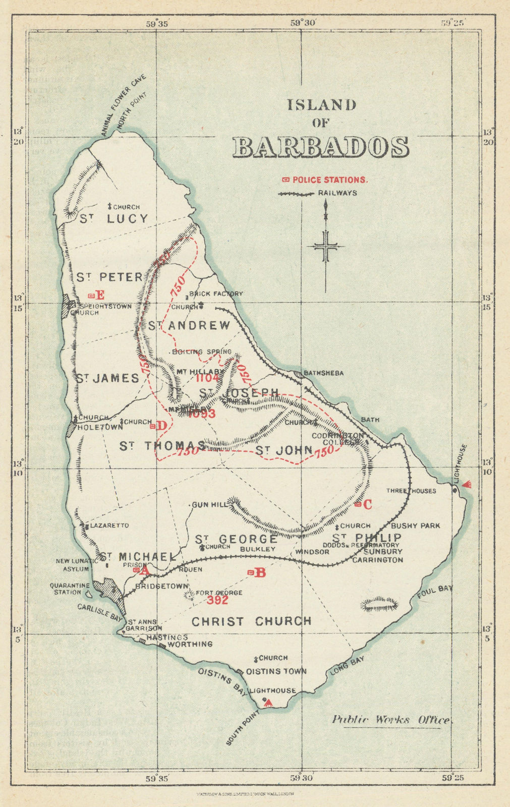 Island of Barbados showing police stations by Waterlow & Sons 1919 old map