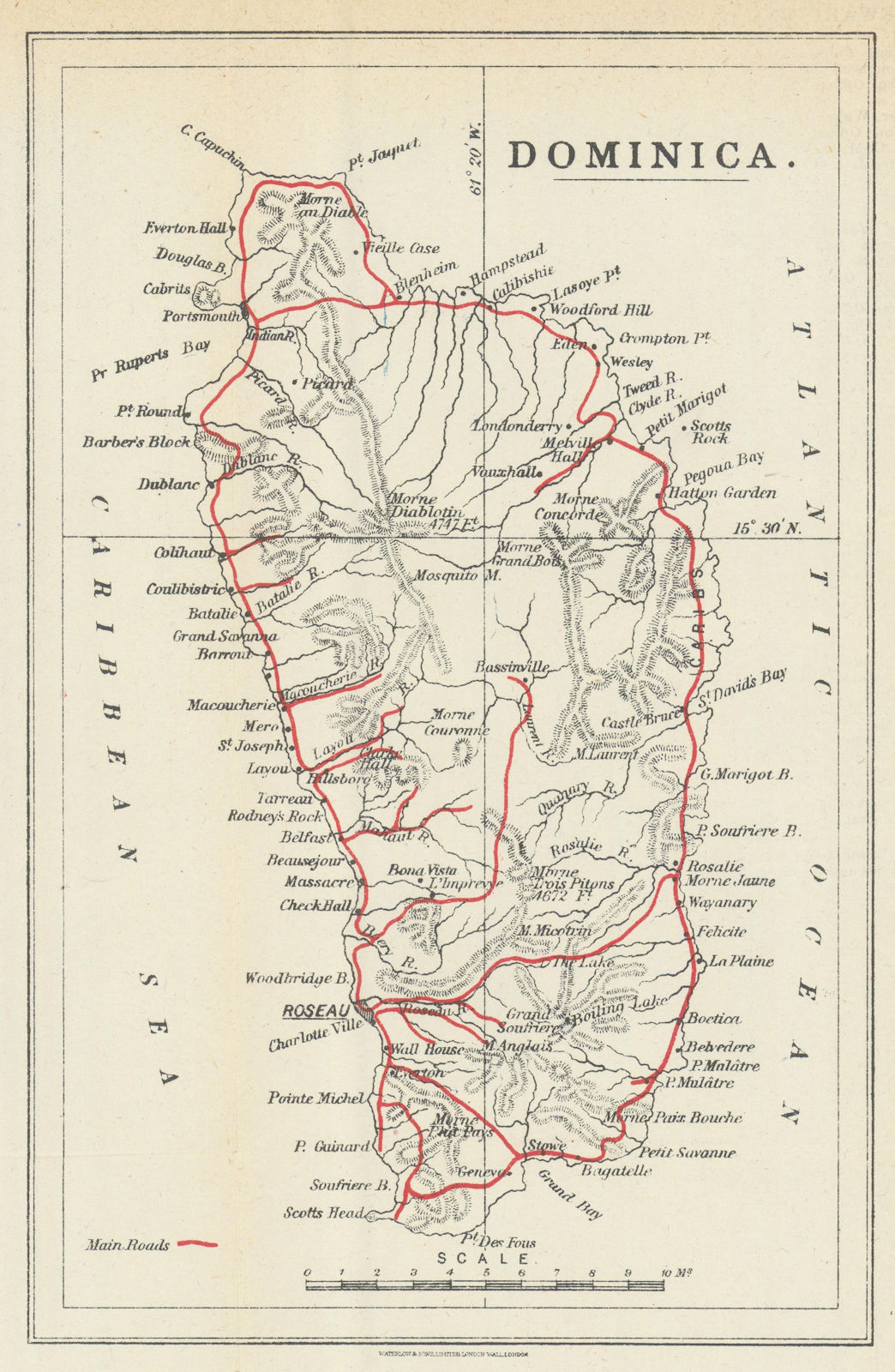 Dominica by Waterlow & Sons showing main roads. Caribbean 1919 old antique map